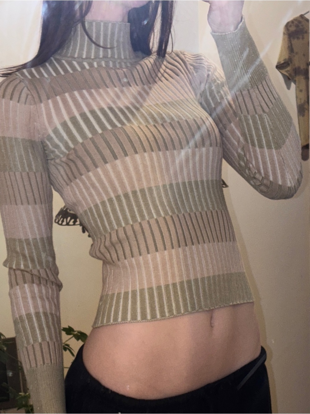 Dynamite Striped Ribbed Mock Neck Sweater in Olive Green & Cream